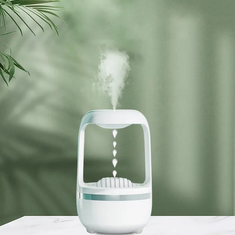 Anti gravity water drop backflow humidifier with 500ml tank in white on a desk