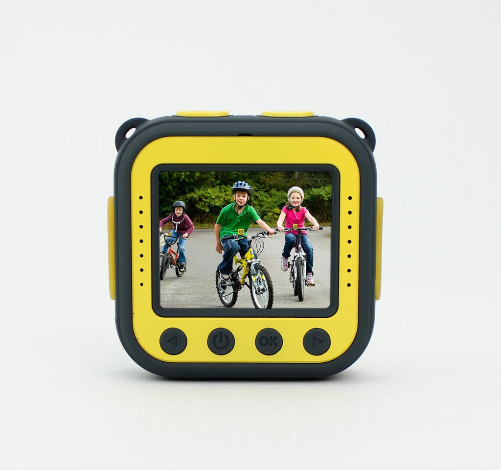 Yellow children's waterproof sports camera with 1.77 inch LCD screen and HD video capability
