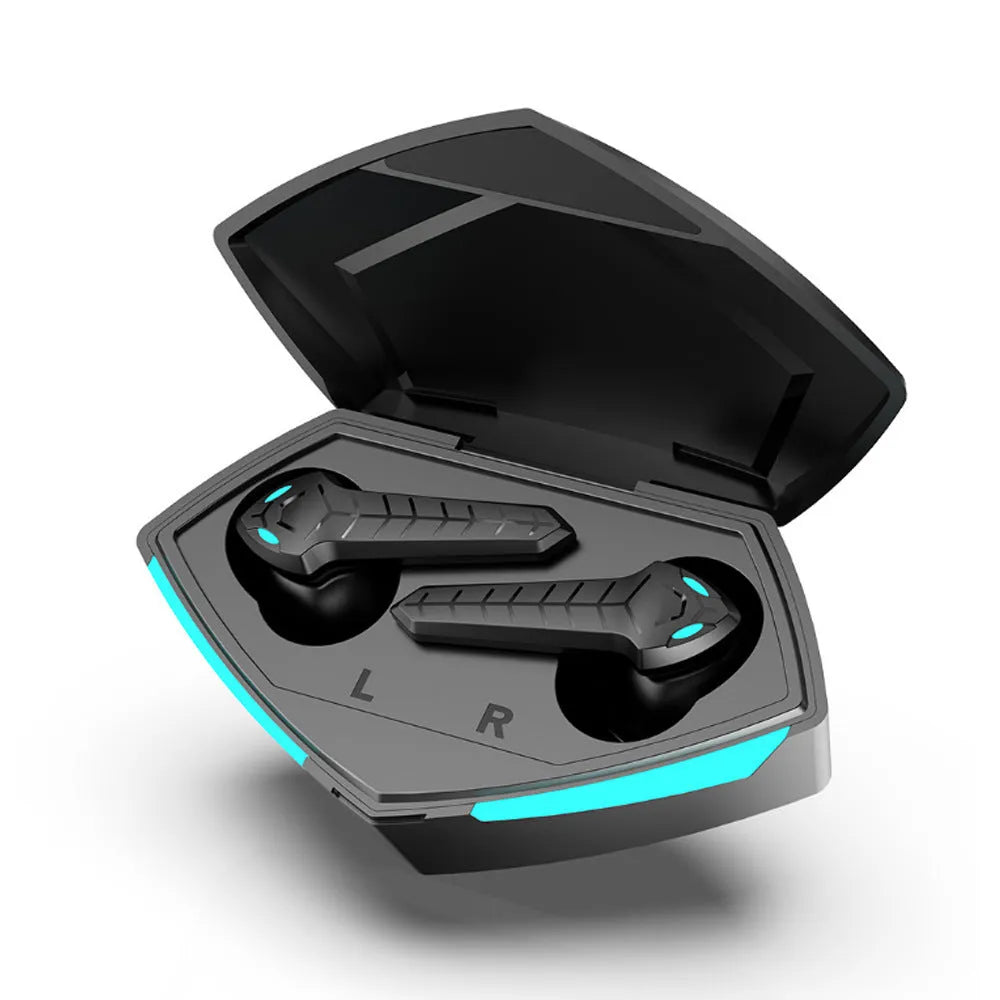 X15 wireless in-ear gaming Bluetooth headset in black with charging case and cable