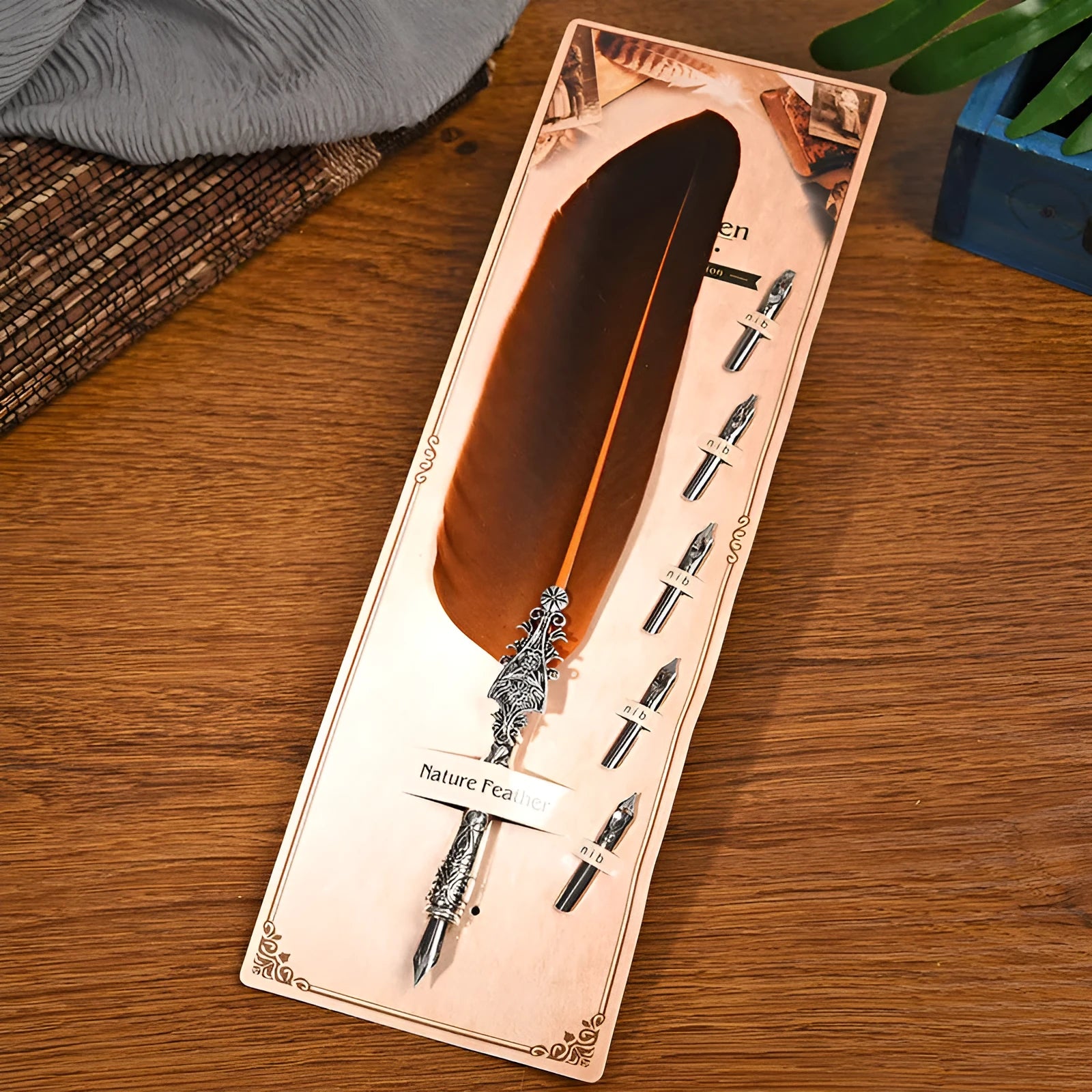 Vintage feather dip pen with zinc alloy shell in a choice of ten colours on a desk.