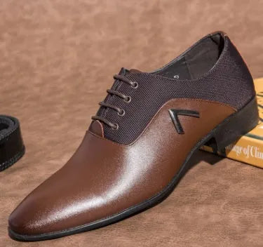 Men's Oxford shoes in black, brown, and yellow colours showing artificial PU upper and rubber sole