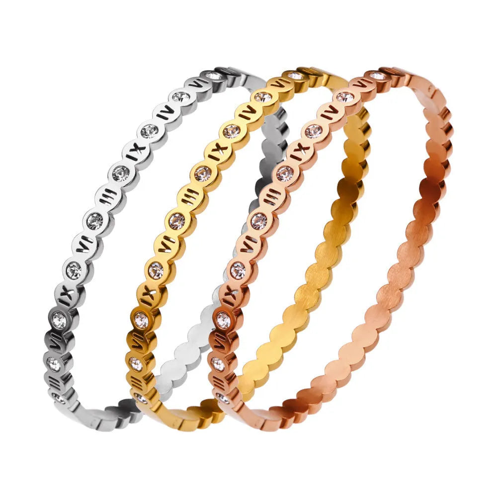 Titanium steel Korean style bracelet with digital number charm in gold electroplated finish