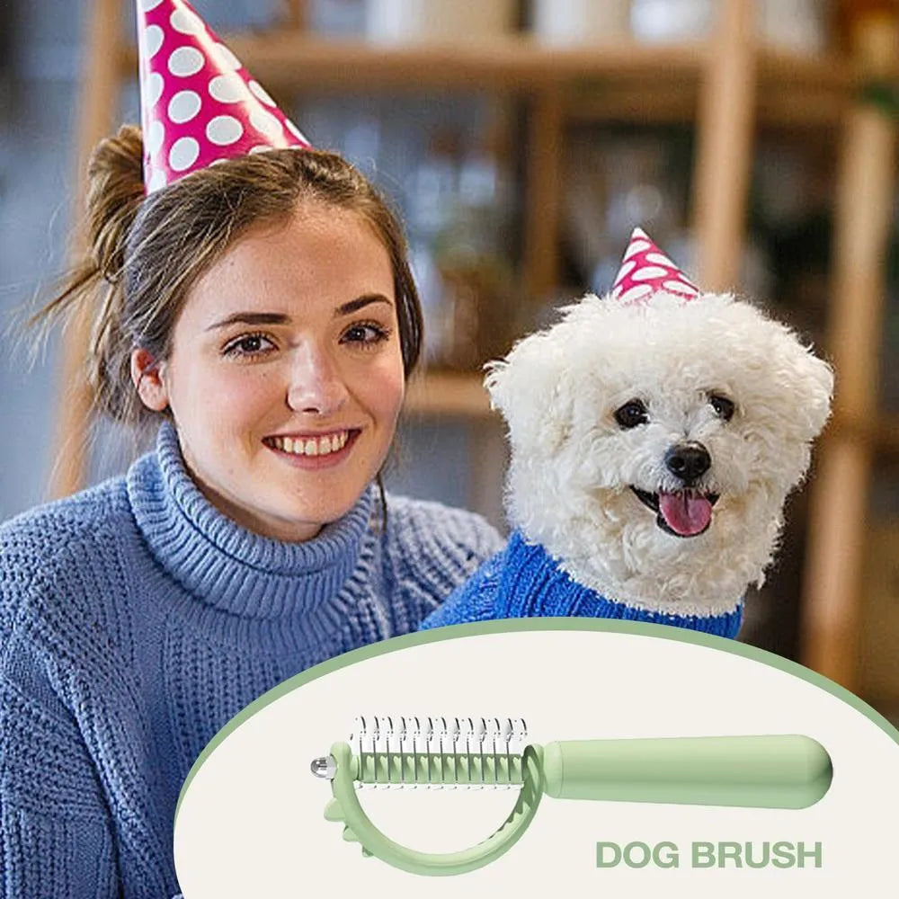 Self-cleaning slicker cat brush with dinosaur shape, double-sided for shedding and dematting, blue green white options