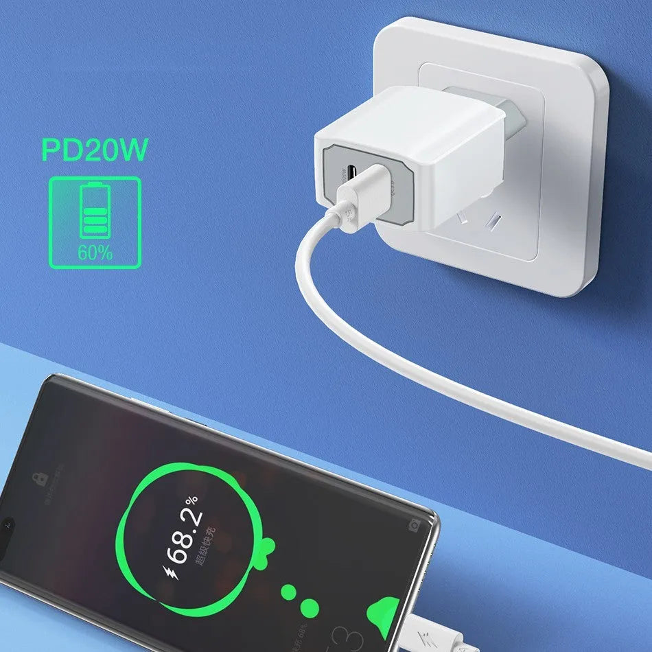 White European fast charge charger set with compact 42mm adapter and USB cable