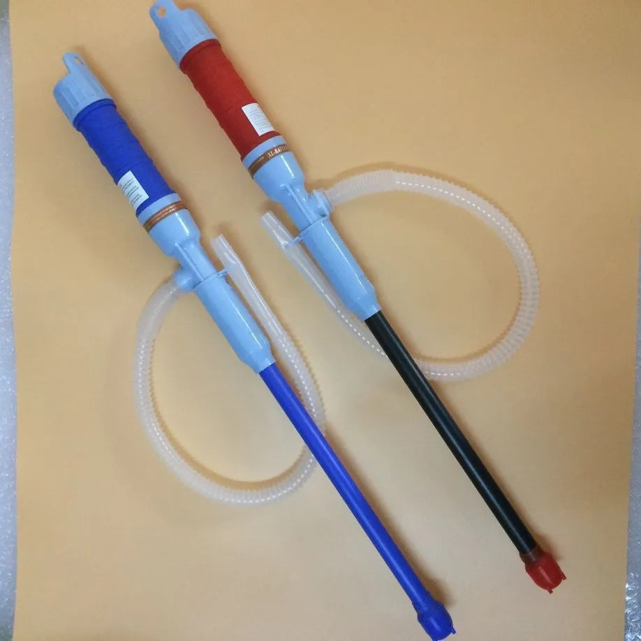 Blue manual hand pump for fuel and oil transfer with hoses