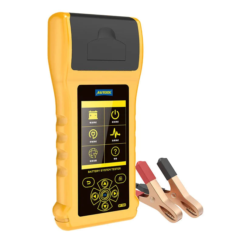 Autool BT760 car battery tester with colour screen and attached battery clips on a workbench