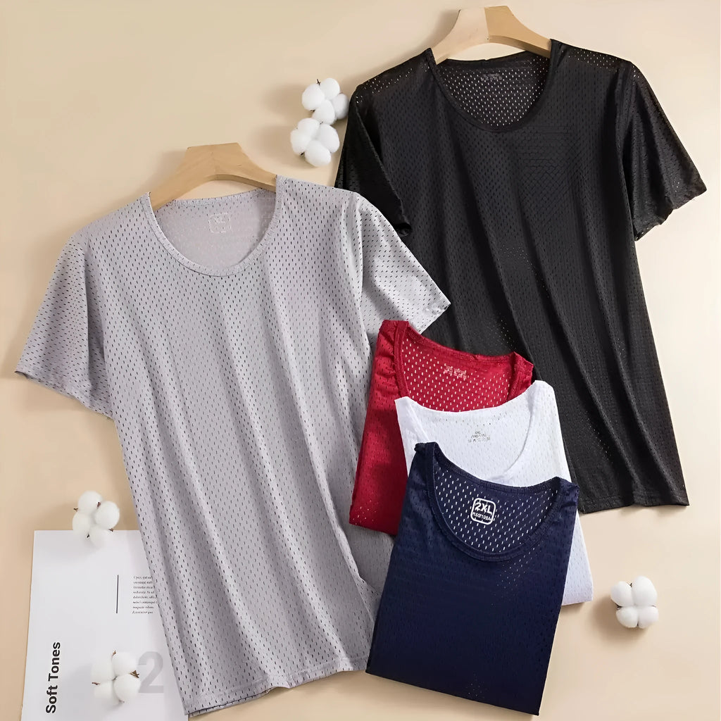 Men's ice silk short sleeve t-shirt in solid colours showing crew neck and loose fit construction