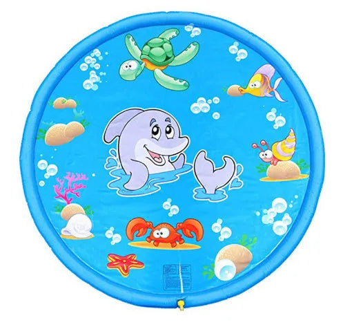 Blue PVC children's water spray play mat with marine animal designs, shown in 100cm and 170cm sizes.