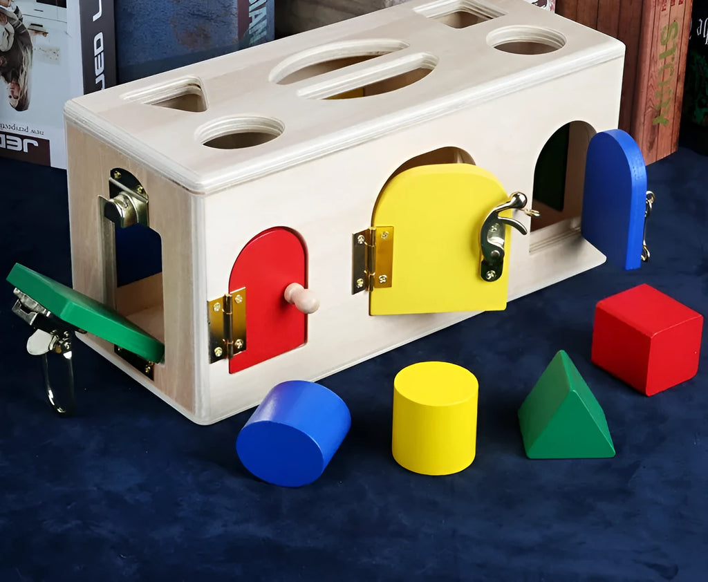 Wooden shape sorting puzzle box educational toy for preschool children