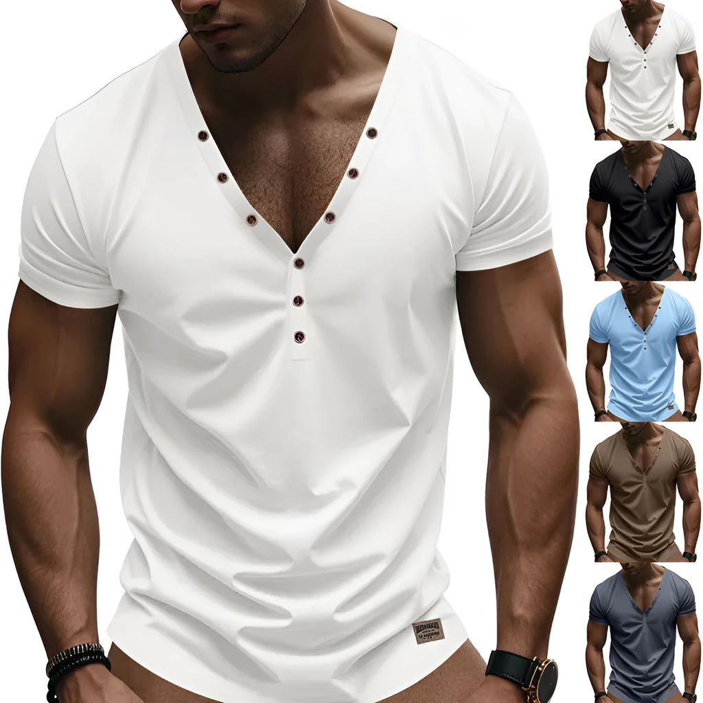 Men's loose solid-colour V-neck sports pullover with button details on a mannequin