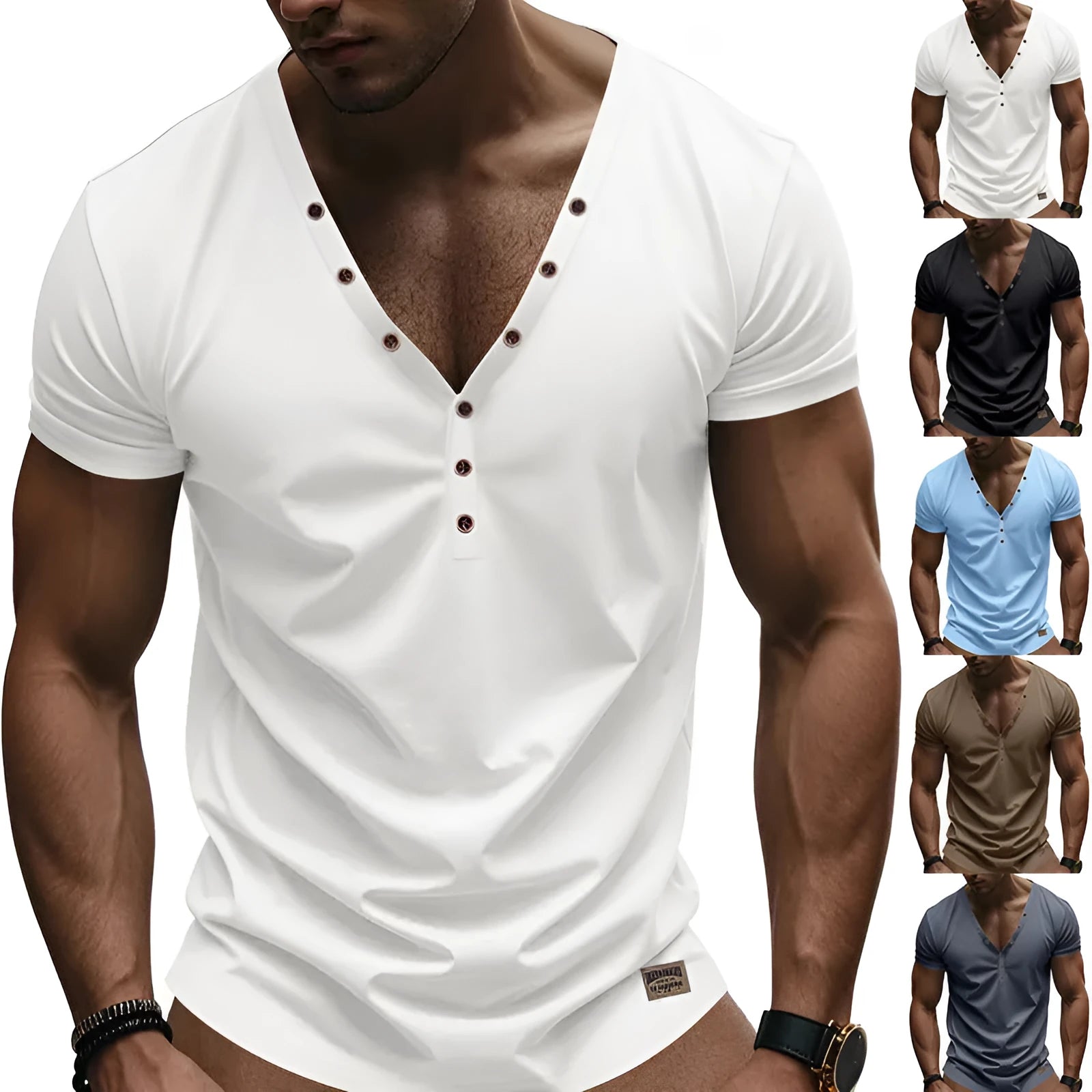 Men's loose solid-colour V-neck sports pullover with button details on a mannequin