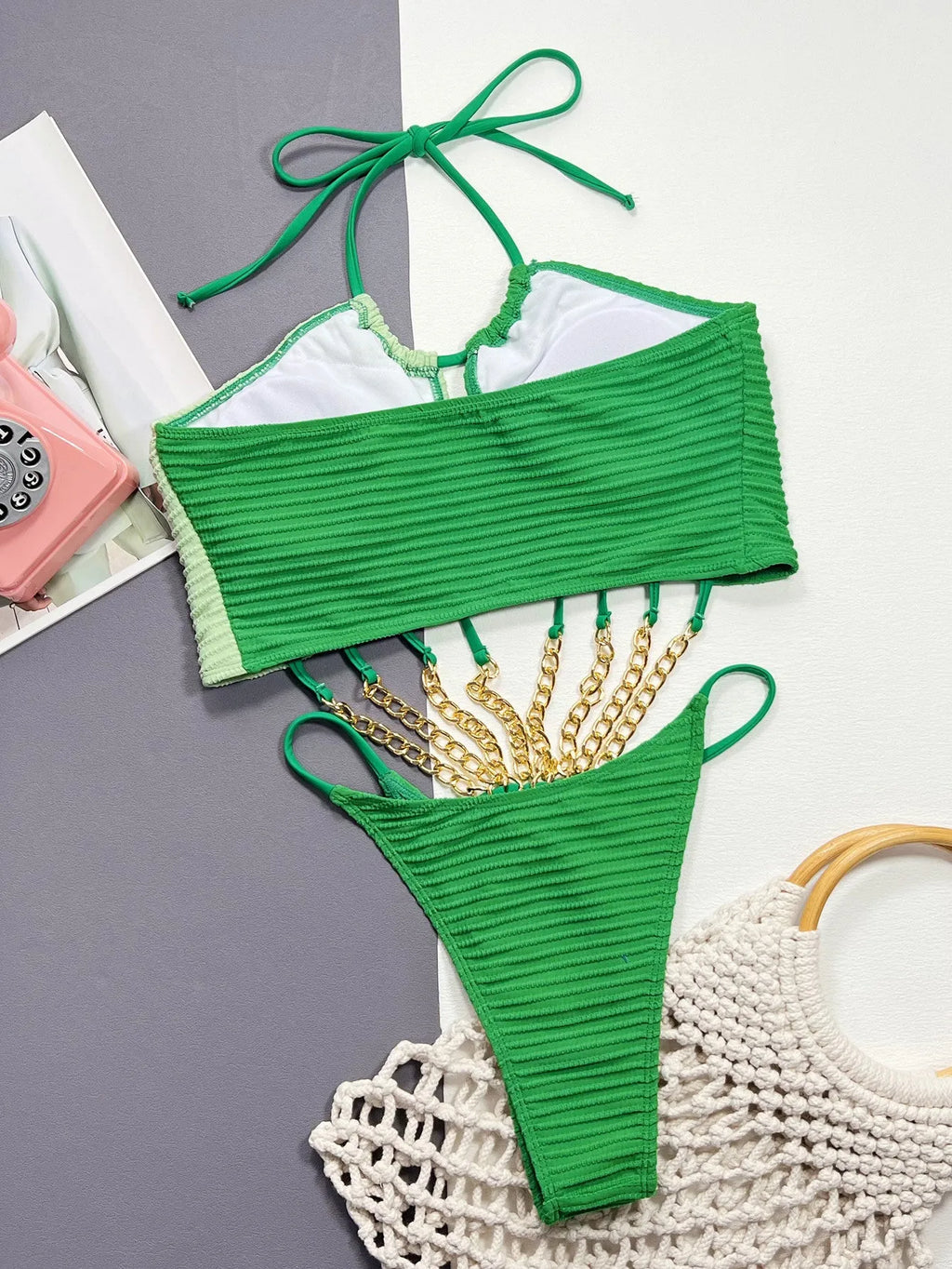 Women's solid green hollow one-piece polyester swimsuit in size S M L