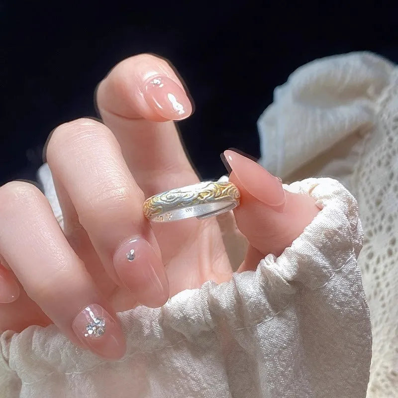 White copper adjustable ring with electroplated silver gold finish and geometric Xiangyun pattern