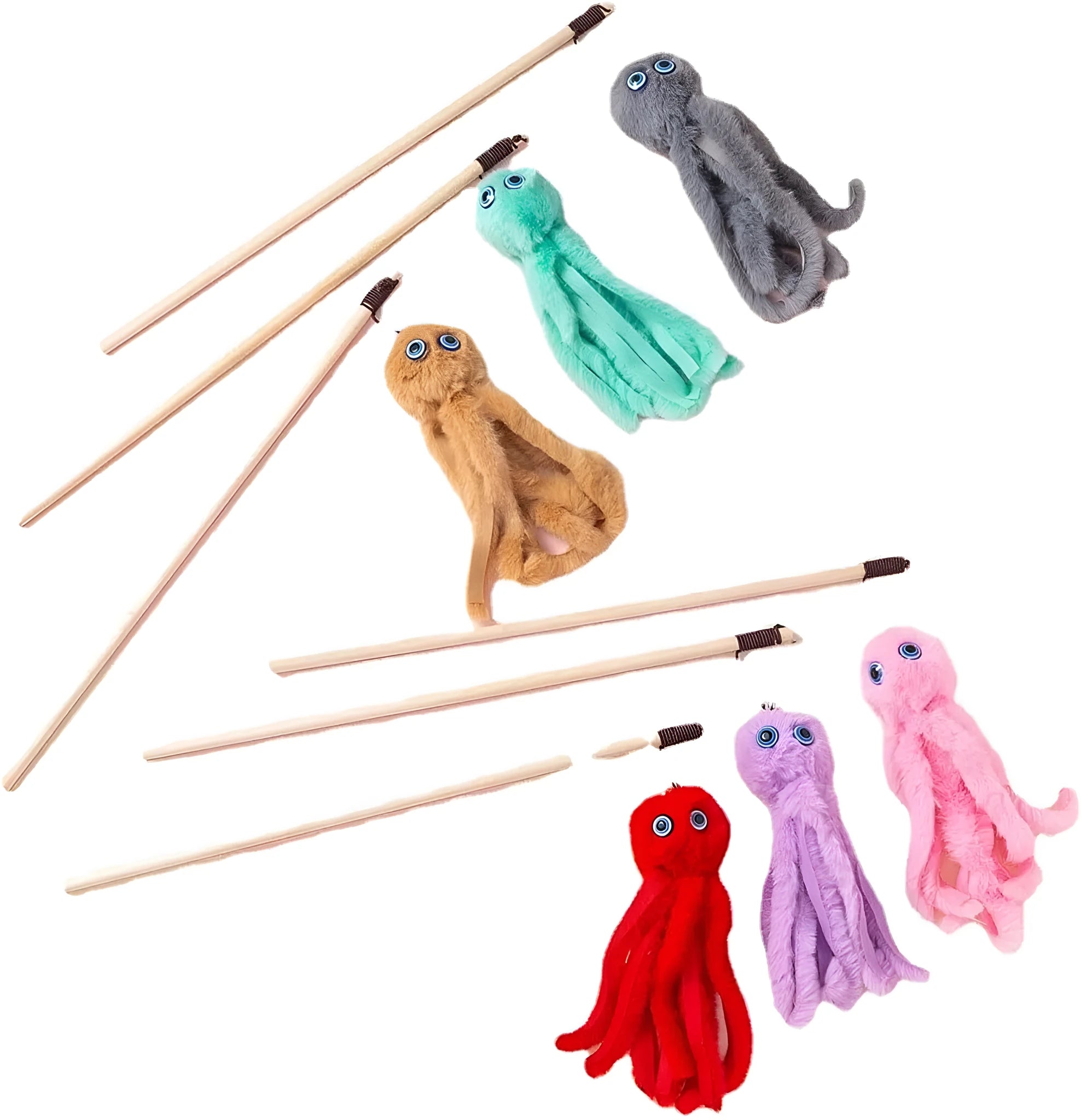 Octopus-themed cat toy with long stick attachment in bright colours for indoor feline play
