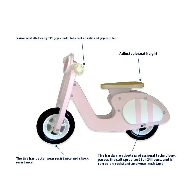 Pink wooden balance scooter for toddlers aged 1-6 years, 10 inches in size.