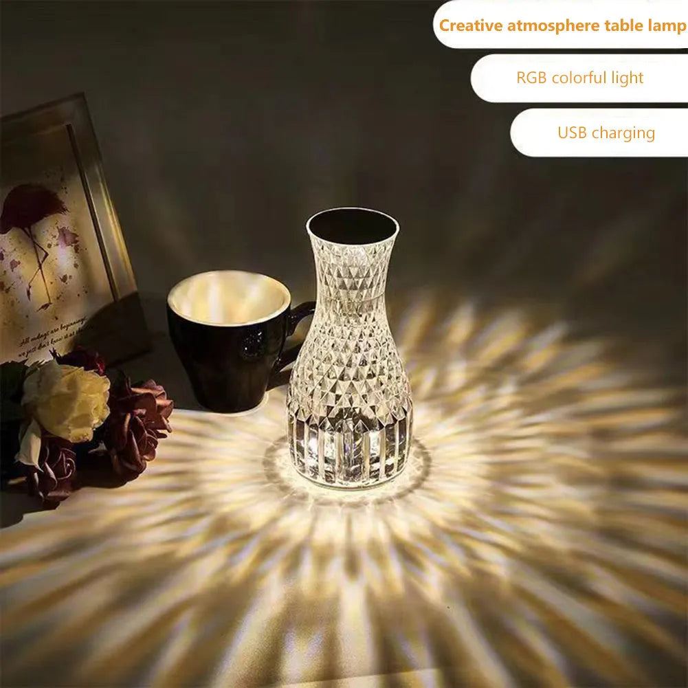 Vase shape crystal table lamp with diamond-like light effect on bedside table, touch dimmable USB rechargeable LED