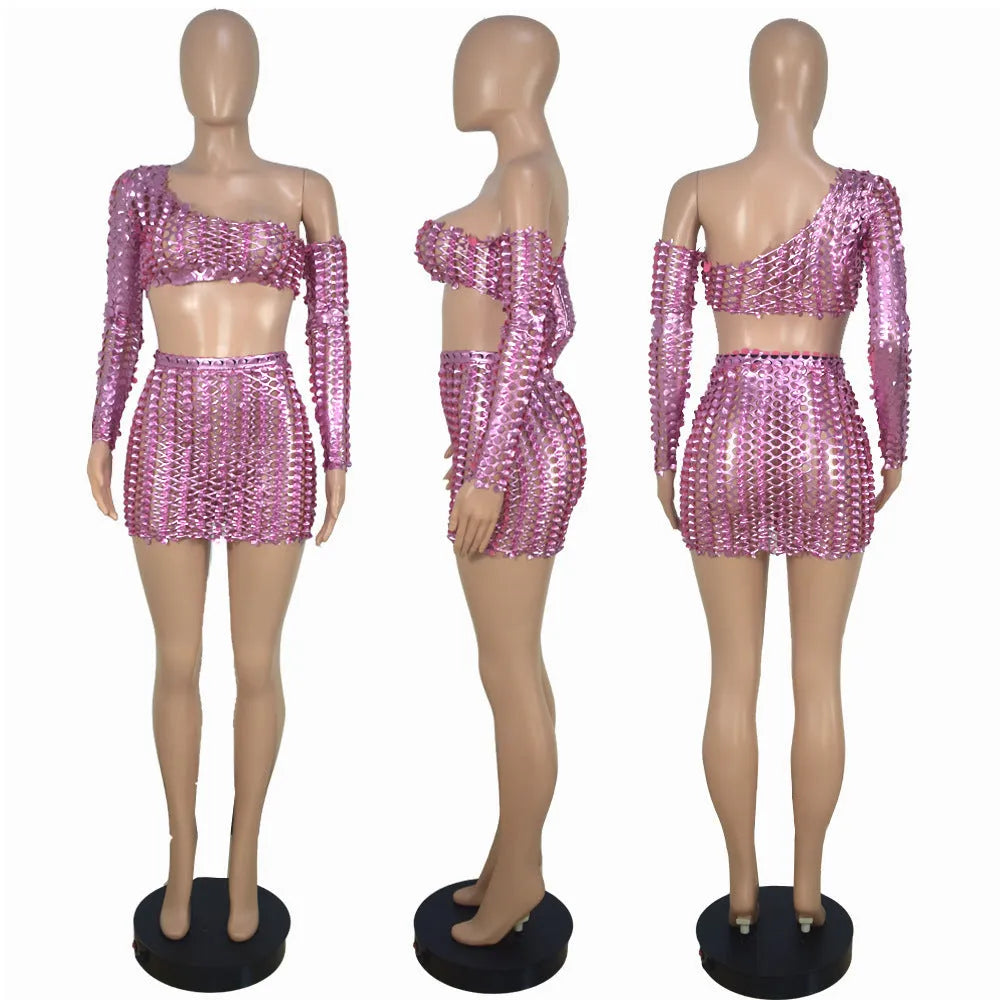Women's two-piece dress set with hollow-out sleeveless top and short skirt in four colour options