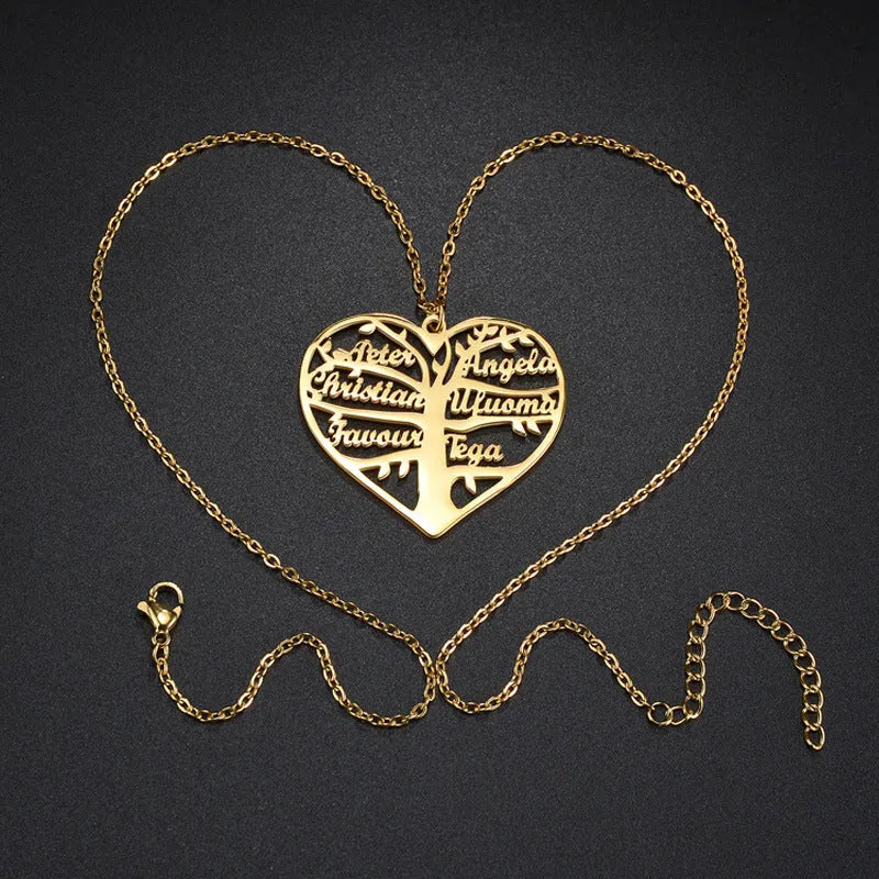 Personalised stainless steel necklace with a custom name pendant shaped as a tree inside a hollow heart on an adjustable chain.