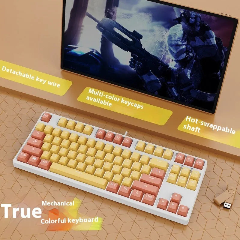 87-key wired mechanical gaming keyboard with colourful keycaps on a metal frame, shown with key puller and cable.