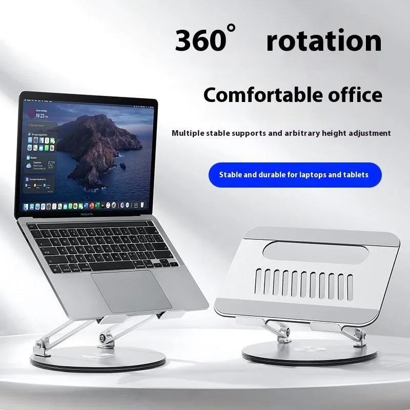 Silver aluminium alloy rotatable laptop stand with foldable design, 285 x 210 x 58 mm, on a desk
