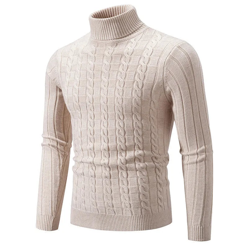 Men's slim twist turtleneck pullover in chenille fabric shown in milky white colour