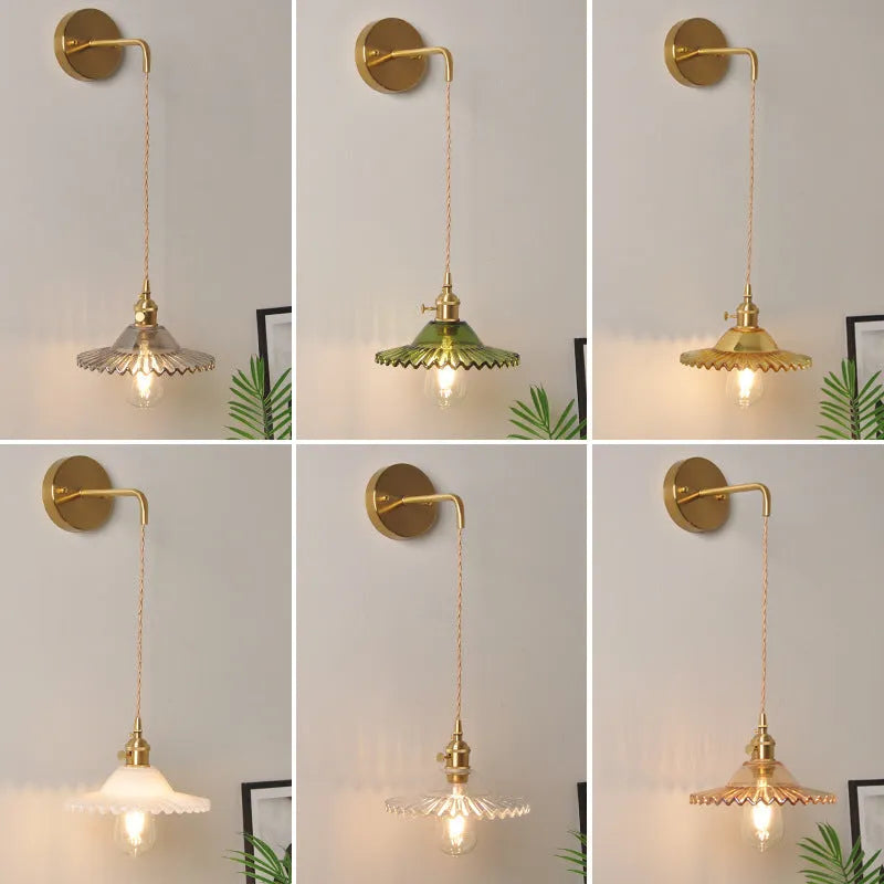 Copper retro brass lotus wall lamp with glass shade in choice of six colours on wall