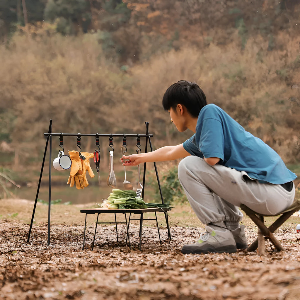 Outdoor camping aluminium alloy foldable clothes drying rack with hooks and top tray