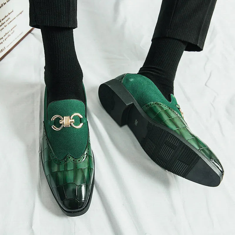 Men's black pointed-toe low-top business casual shoes with artificial PU upper and rubber sole.