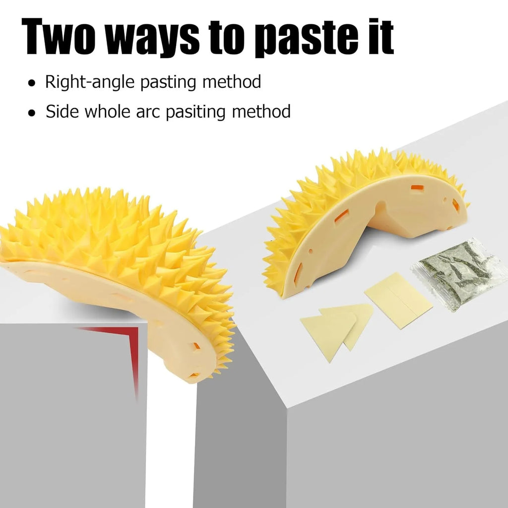Yellow durian-shaped cat corner scratcher and massage brush mounted on a wall.