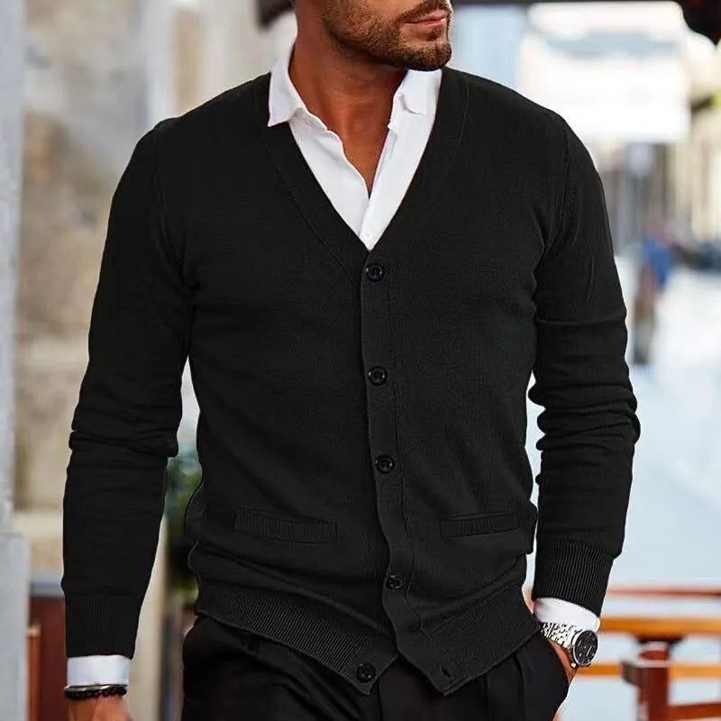 Men's slim fit acrylic cardigan sweater in a selection of colours including black, grey, and wine red.