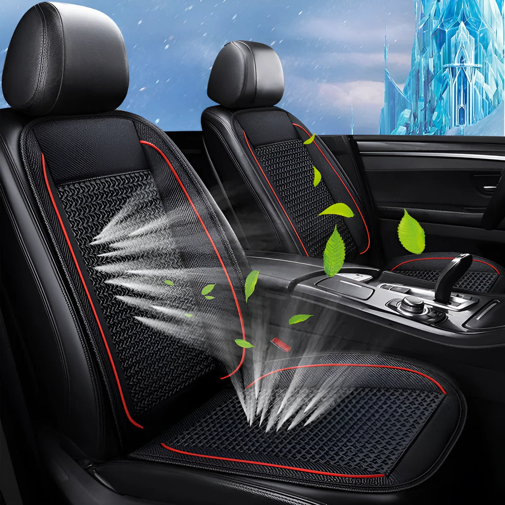 Square black car ventilation seat cushion measuring 60cm with attached power cord