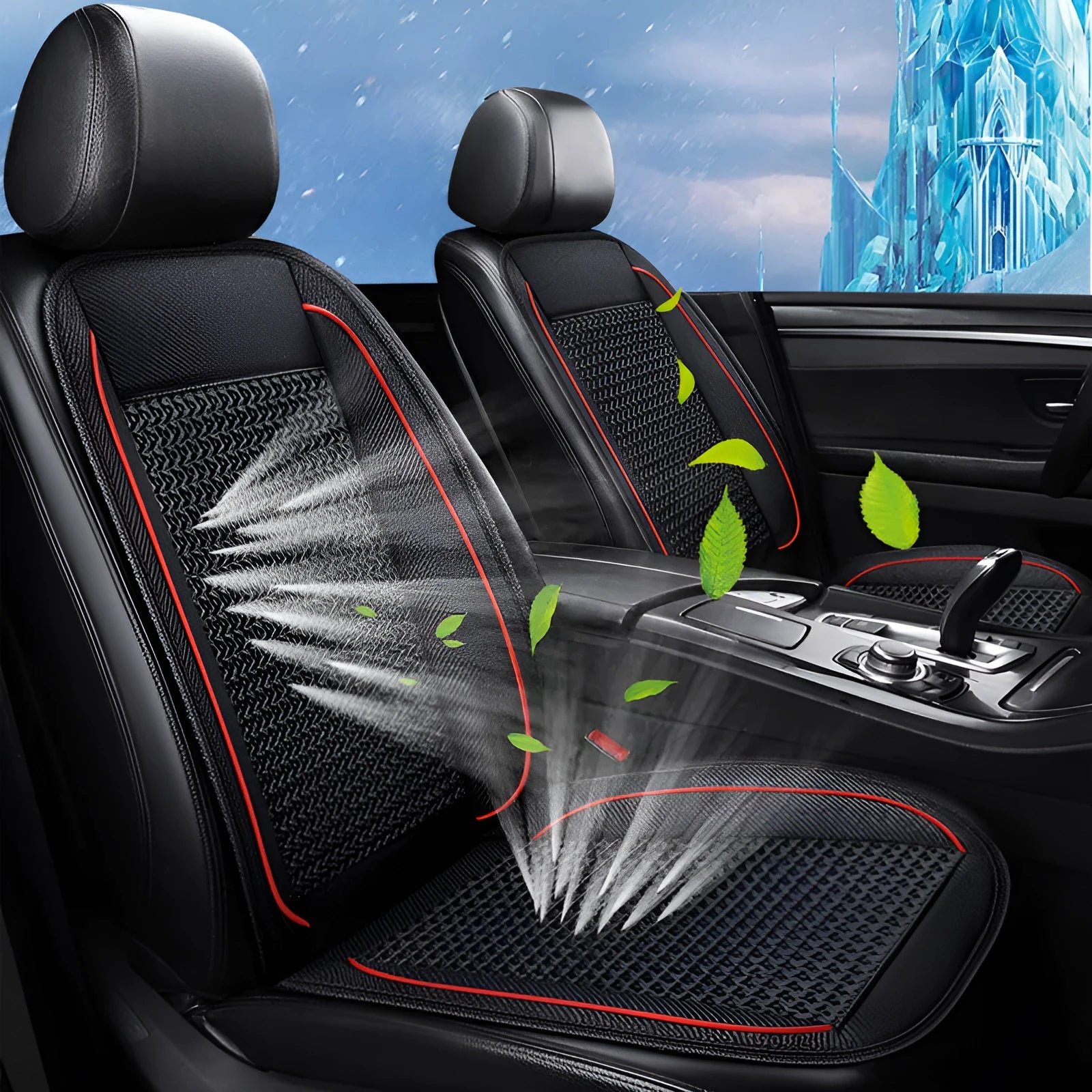 Square black car ventilation seat cushion measuring 60cm with attached power cord