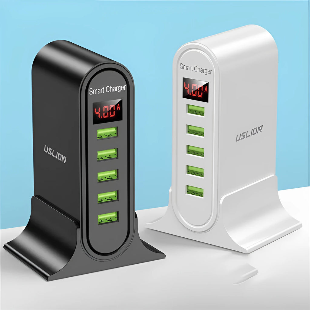 Black and white USB chargers with LED digital displays showing EU, UK, and US plug styles.