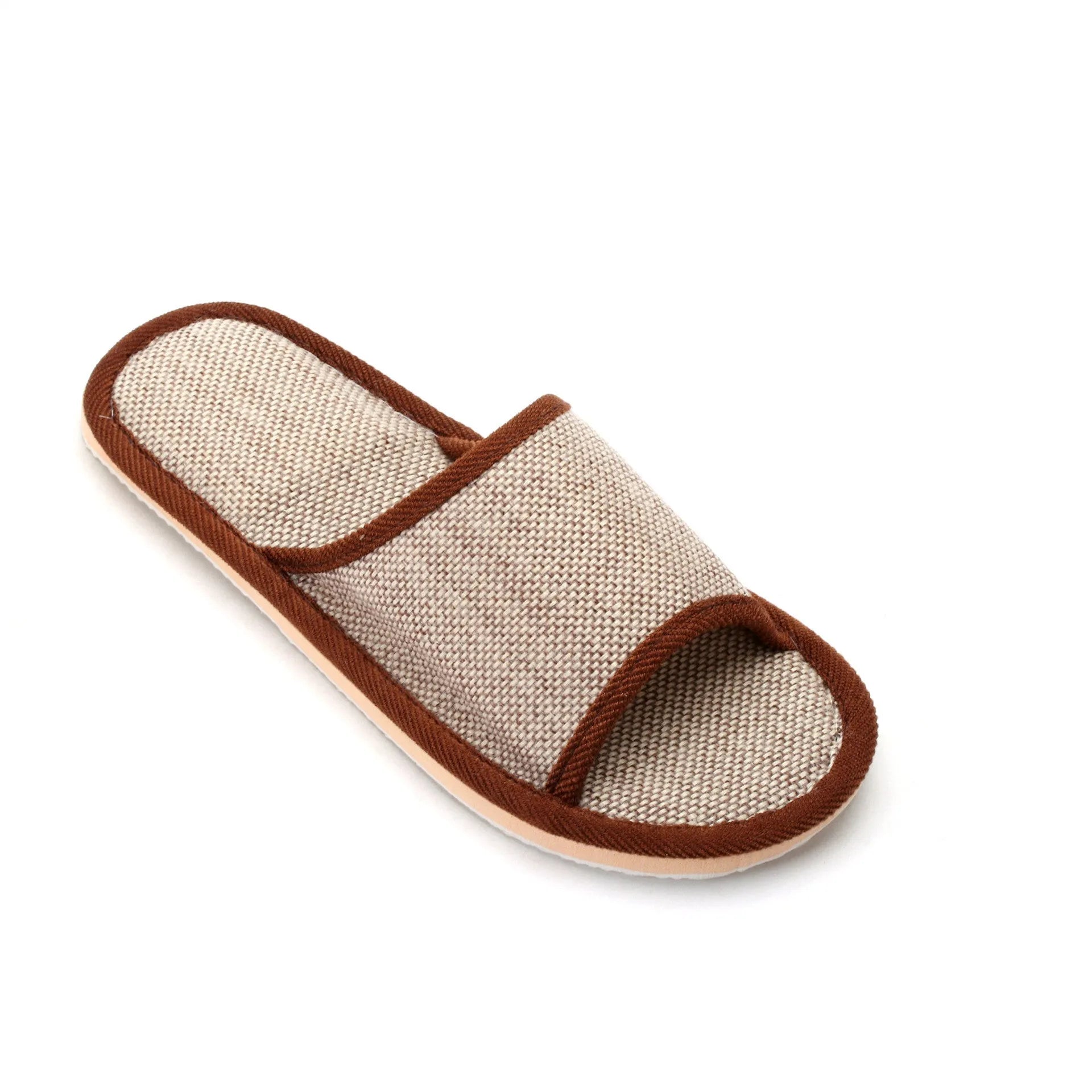 Women's cotton and linen open toe slippers in dark coffee, thickening sole, breathable indoor house shoes