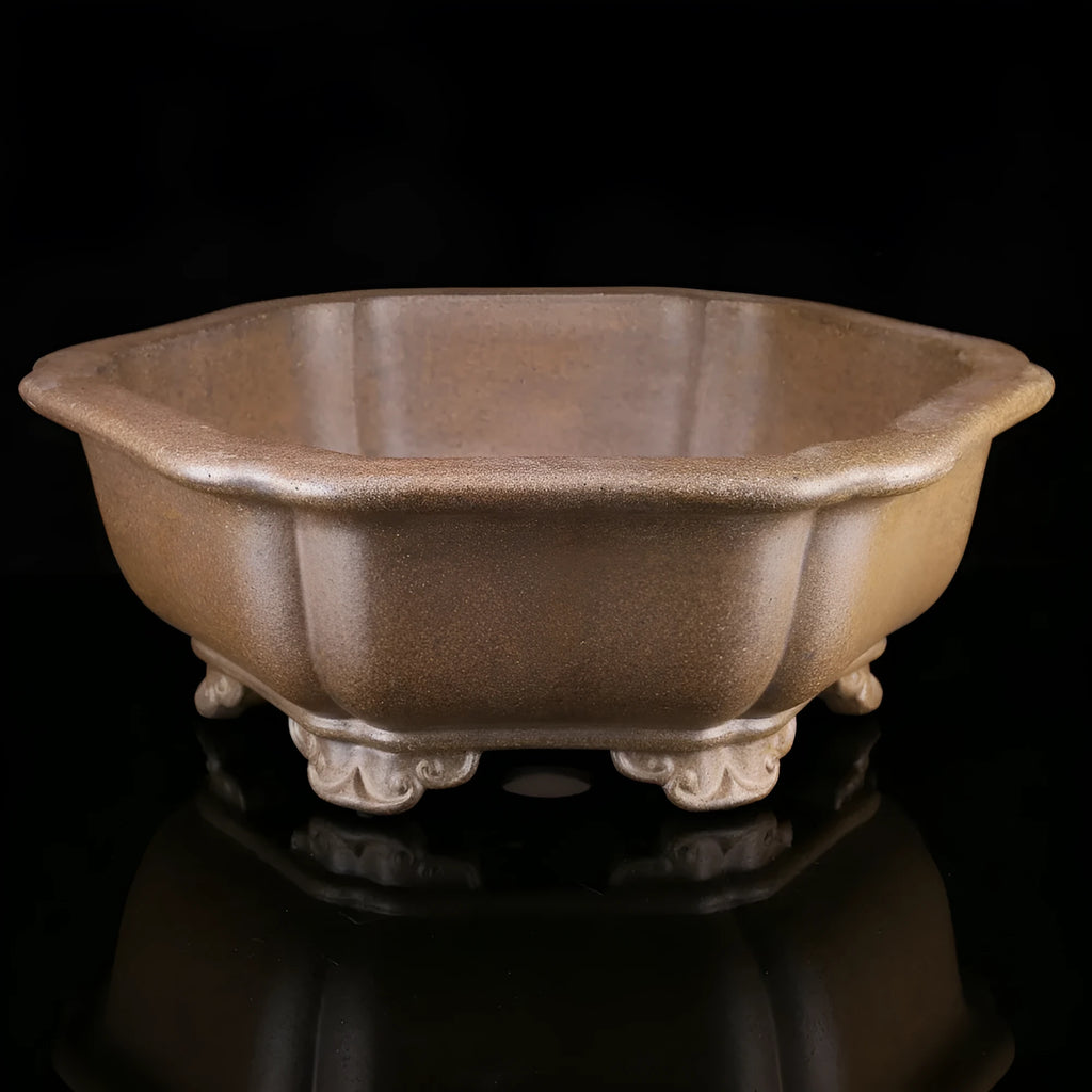 Handmade purple sand bonsai pot showing Large Begonia Basin or Hexagonal Basin style.