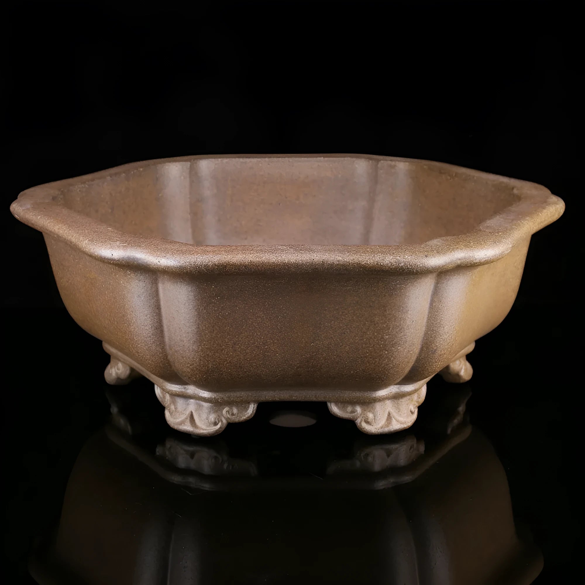 Handmade purple sand bonsai pot showing Large Begonia Basin or Hexagonal Basin style.