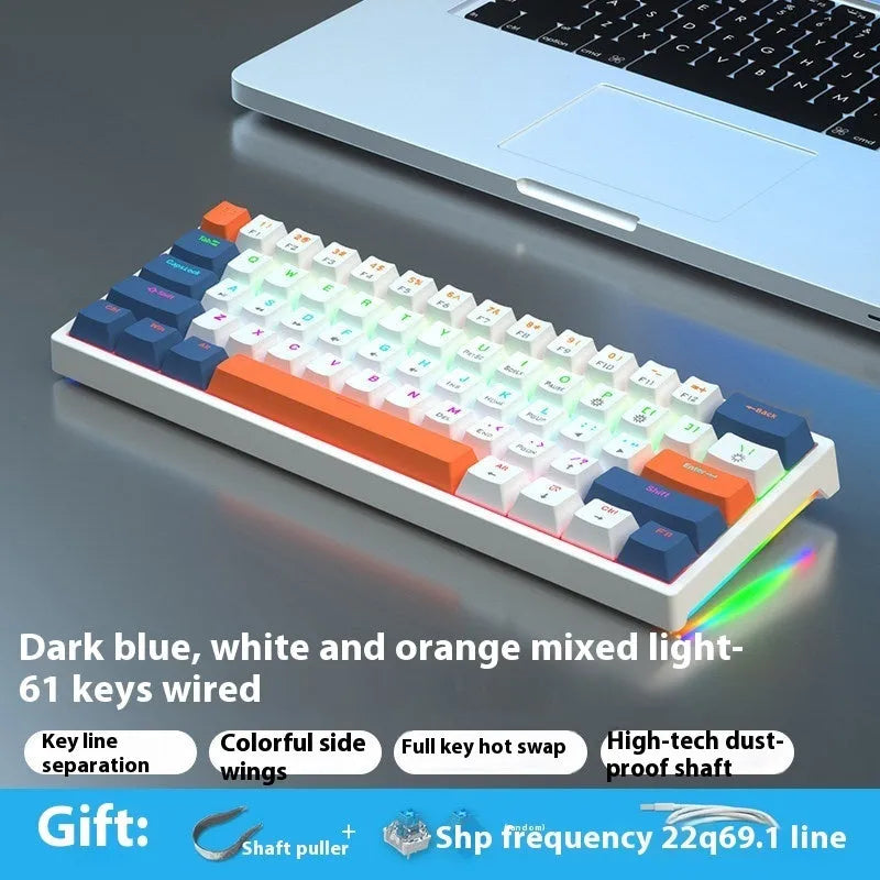 Bluish black 61-key mechanical keyboard with hot-swappable switches and two-tone keycaps