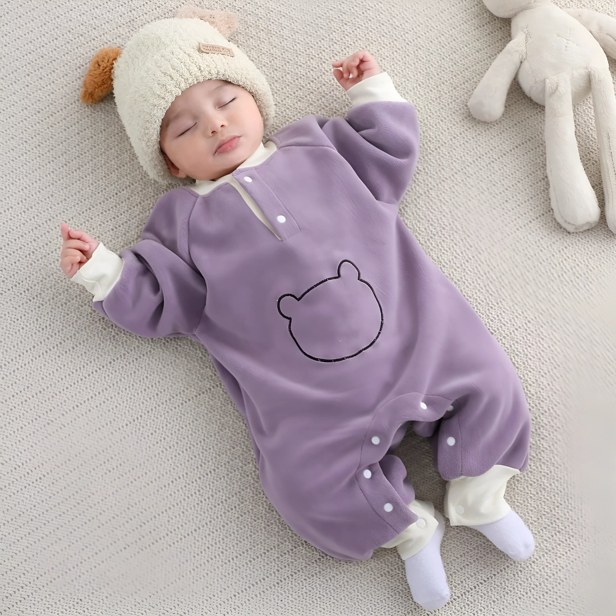 Thick Oli Fleece baby romper in Little Bear purple, a fleece-lined jumpsuit with long sleeves for spring autumn winter wear