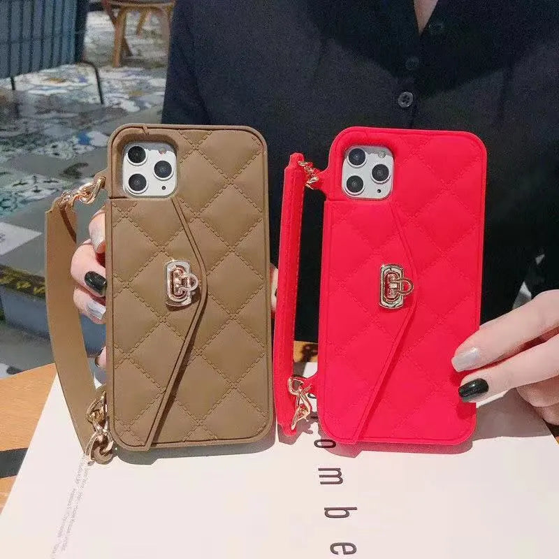 Luxury silicone iPhone back cover case with a pearl-detailed chain lanyard in beige colour