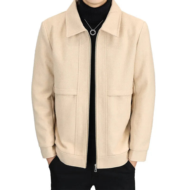 Men's khaki casual jacket with polo collar and side seam pockets in cotton viscose blend fabric