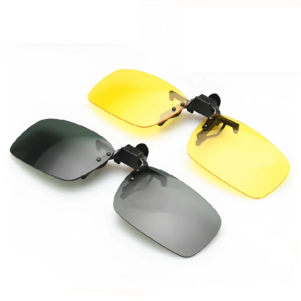 Clip-on myopia sunglasses with PC lens in gray colour showing side clip attachment for driving and outdoor use