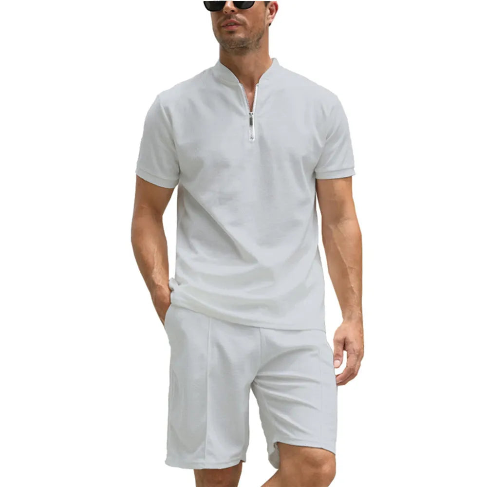 Men's solid colour polo shirt and trouser two-piece set in beaded bird's eye polyester fabric
