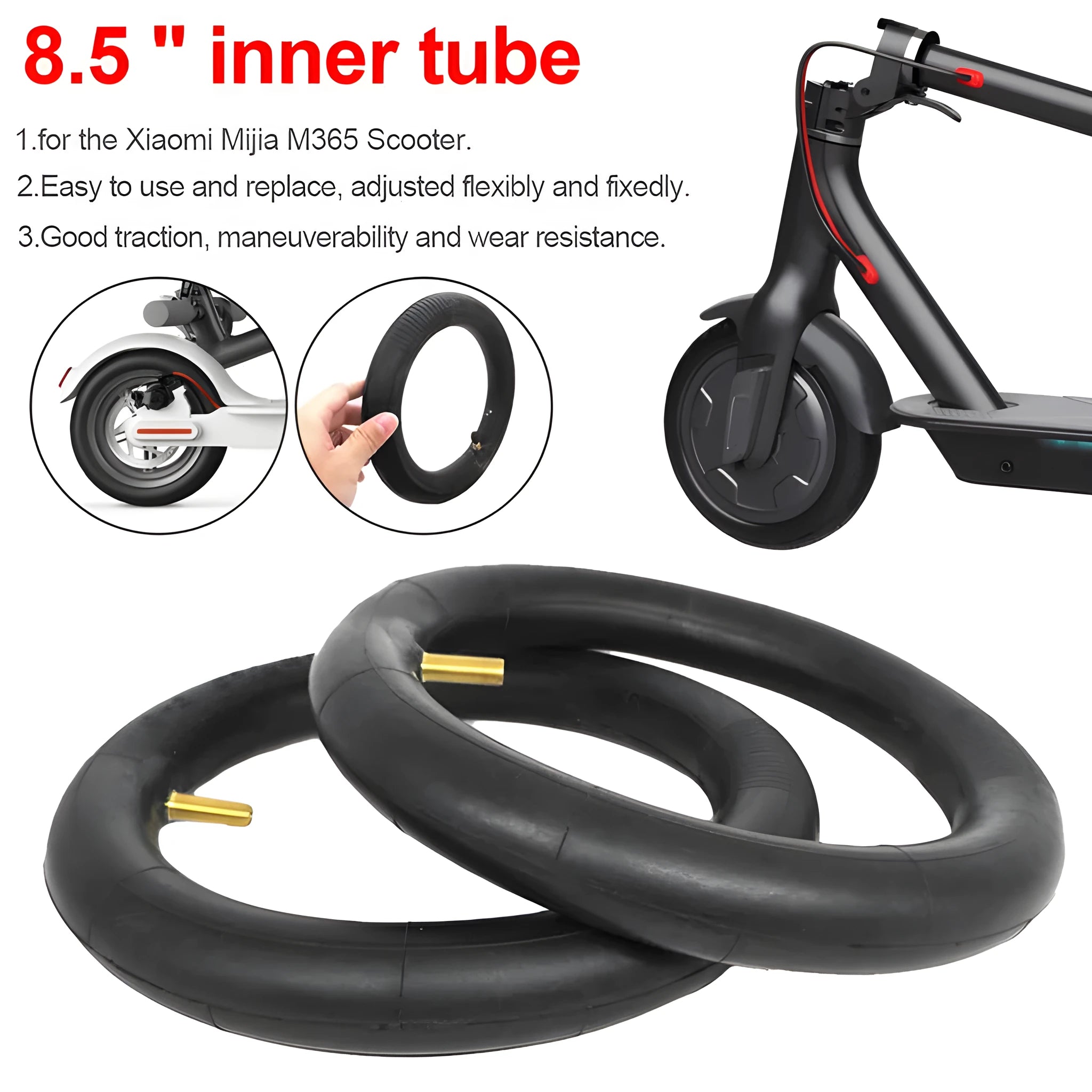Black electric scooter inner tube with thicker rubber for enhanced off-road ability, 120kg max load, 50 PSI max pressure.