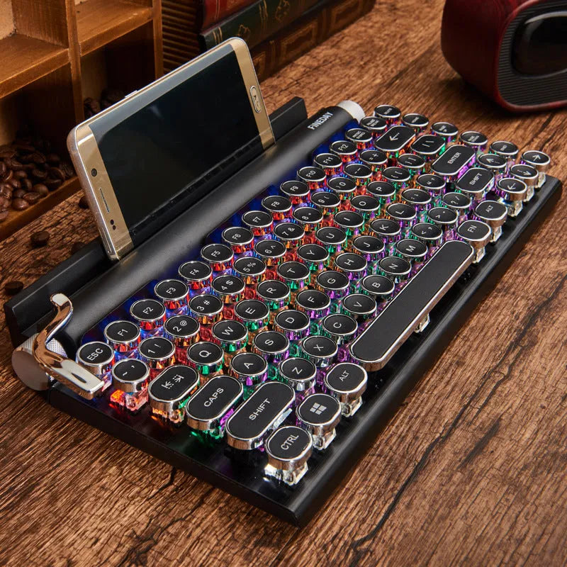 Black Dot retro typewriter mechanical keyboard with backlit keys on metal base