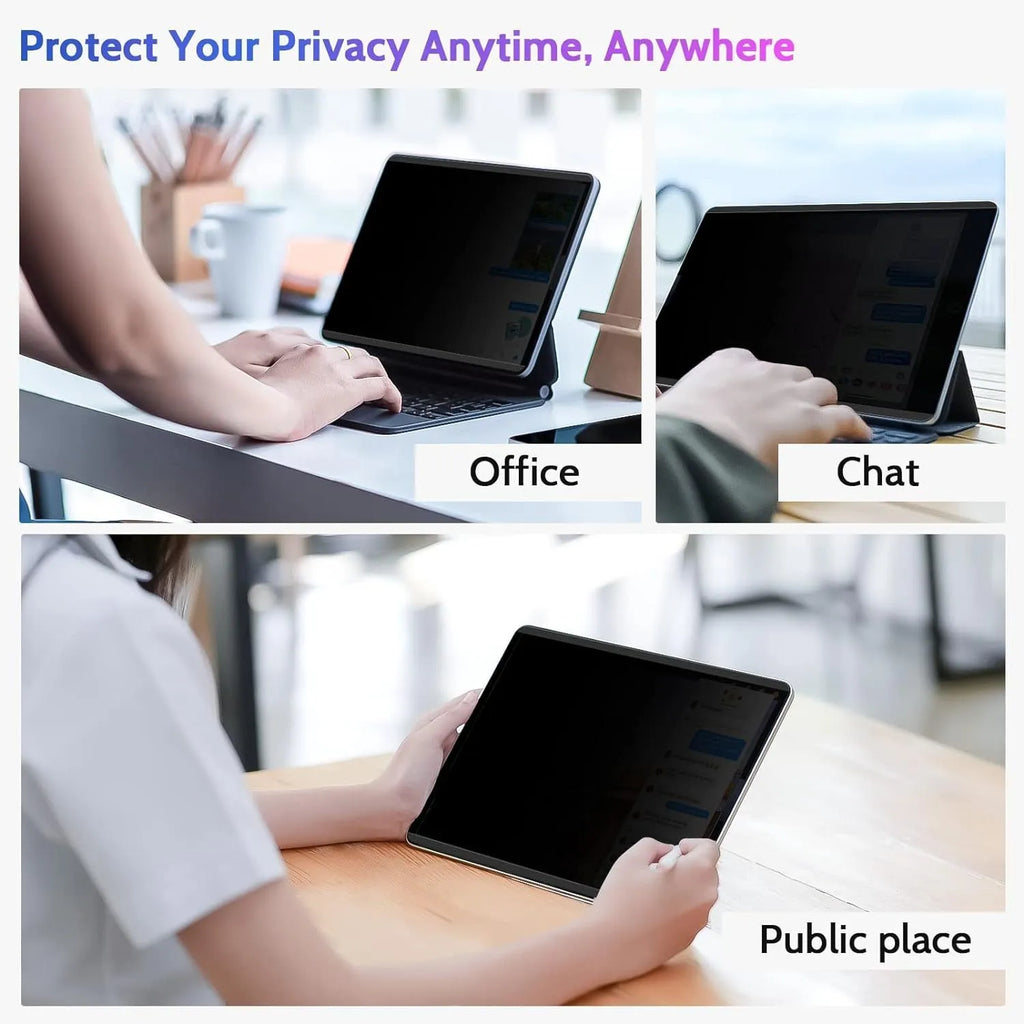 Magnetic suction anti peeping privacy film for iPad with paper-like PET texture and storage clip.