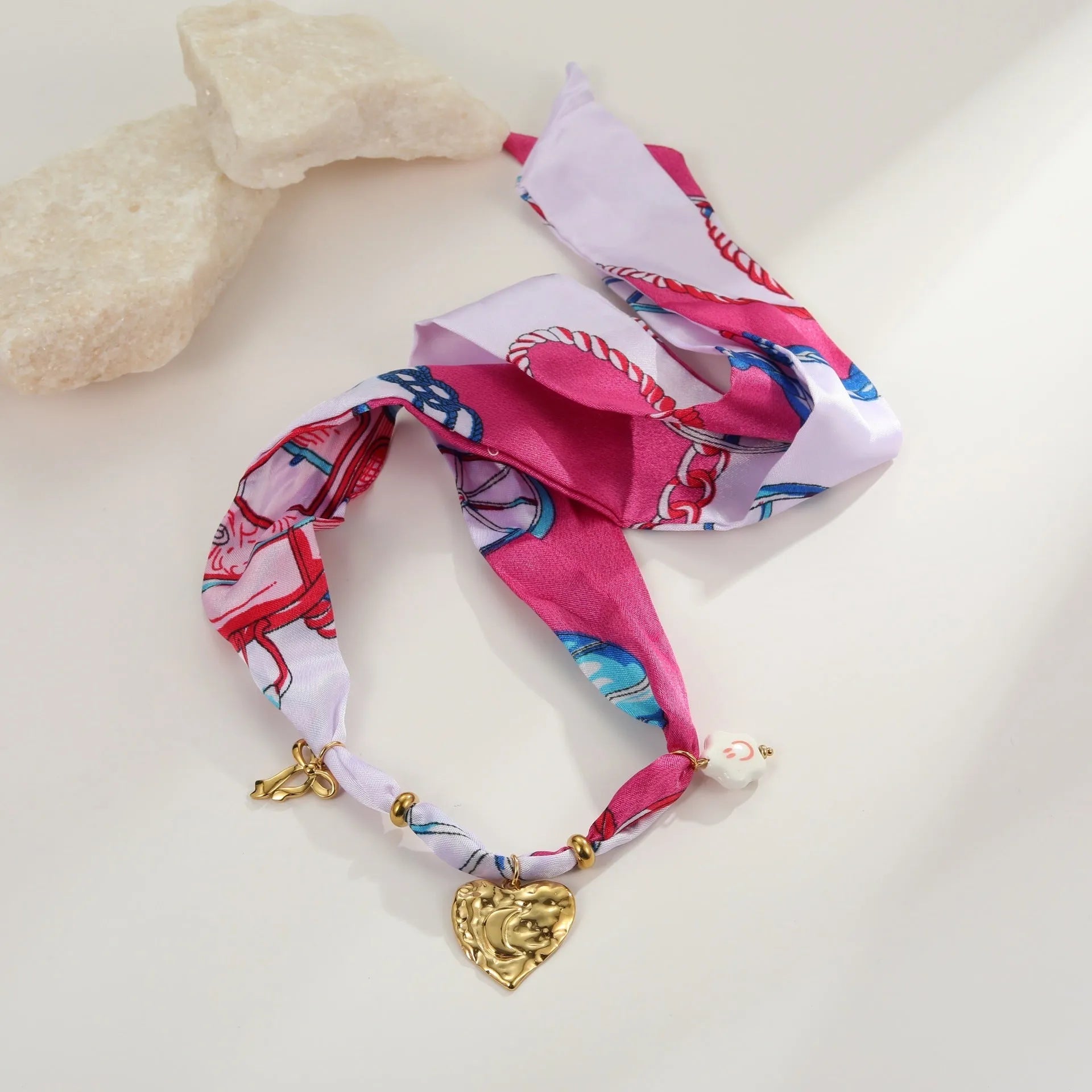 Stainless steel jewellery set with colourful silk scarf geometric pendant, necklace and bracelet