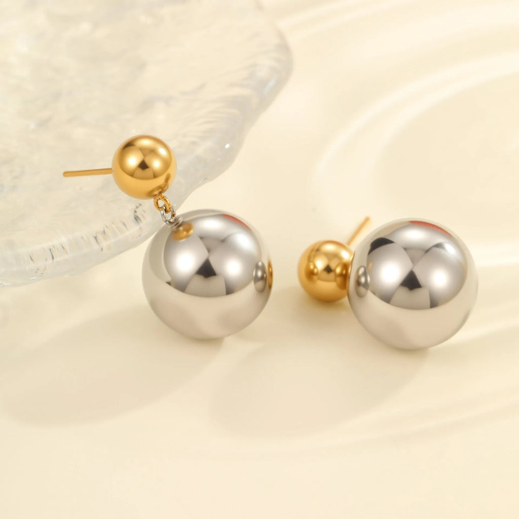 Stainless steel colour-block ear studs with round bead design and 18K electroplated finish