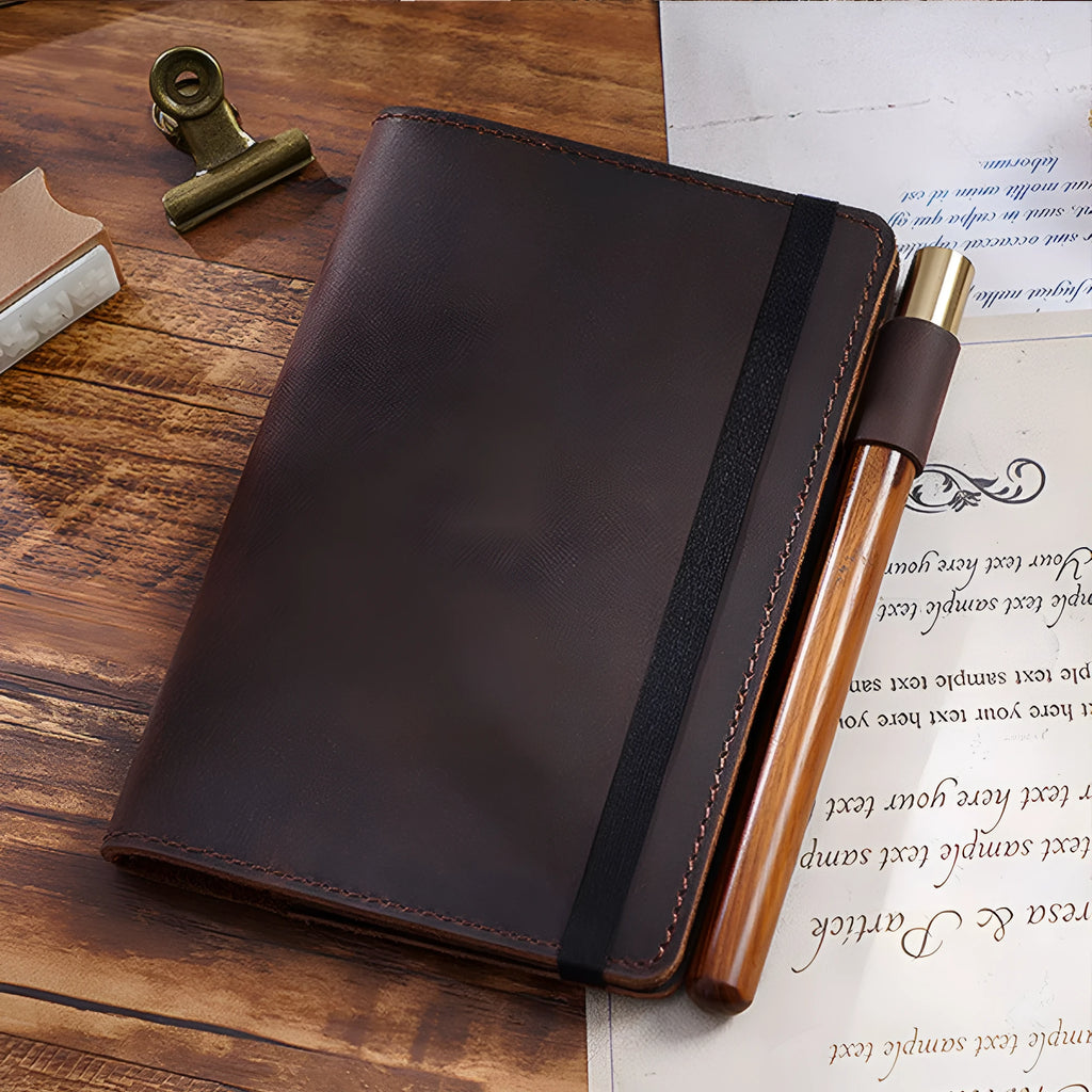 Handmade old-fashioned kraft notebook with dark green cowhide cover, A6 size 9x14cm, 100 sheets