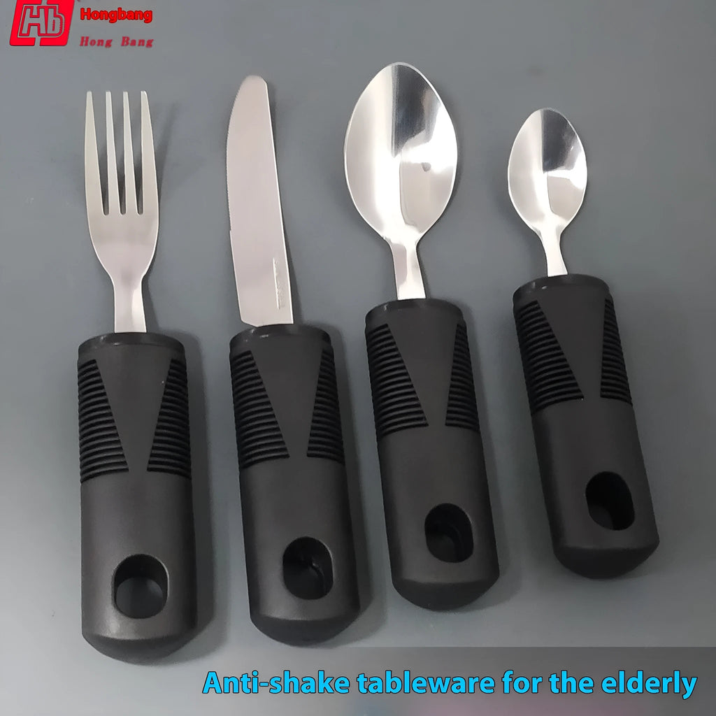 Adaptive stainless steel tableware set with rubber handle grips shown in black and grey colour options