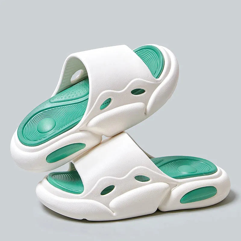 Two-colour thick-soled EVA slippers with leather lining in pink purple, white green, and black white colour options